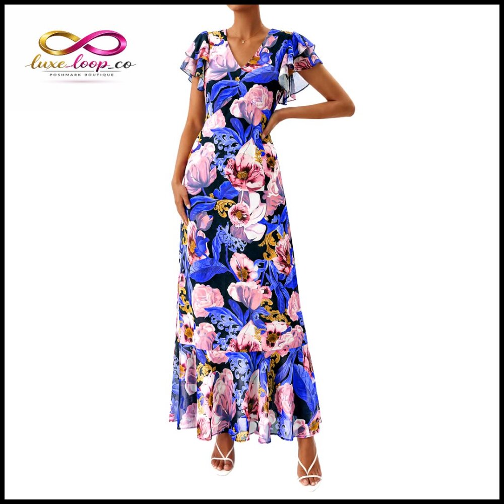 Floral Maxi Dress V-Neck Short Sleeve Ruffle Beach Wedding Guest
